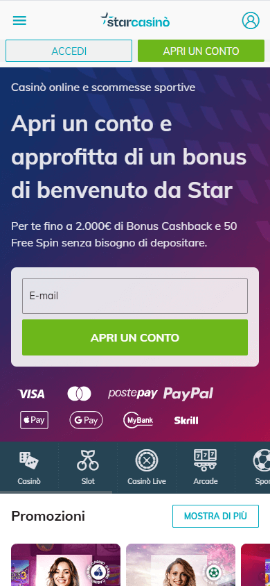 Schermata mobile di Starcasinò