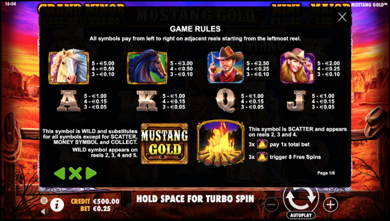Mustang Gold paytable