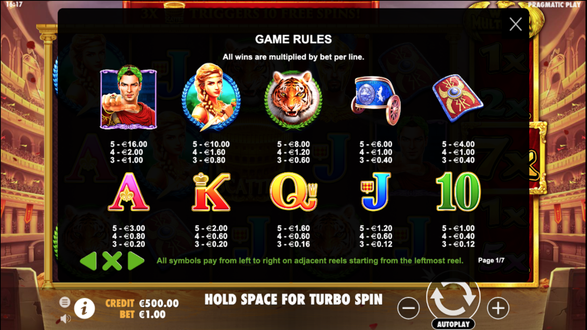 Wild Gladiators slot paytable