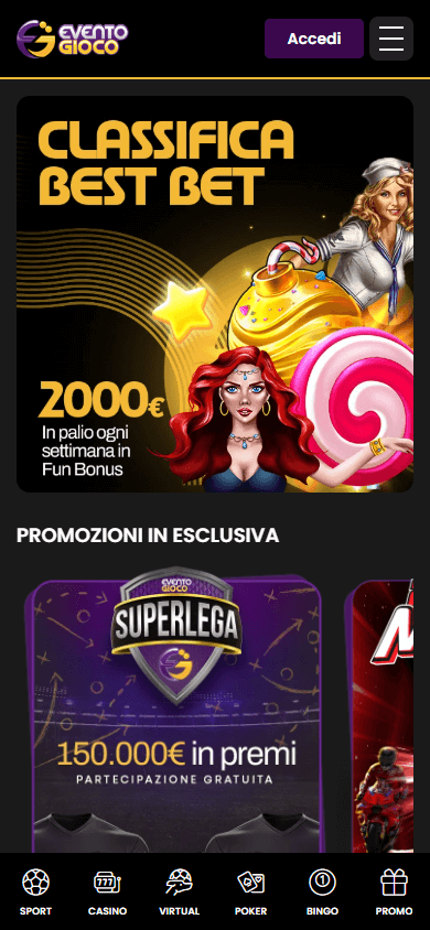 Schermata mobile di Eventogioco che mostra l’homepage con giochi e bonus