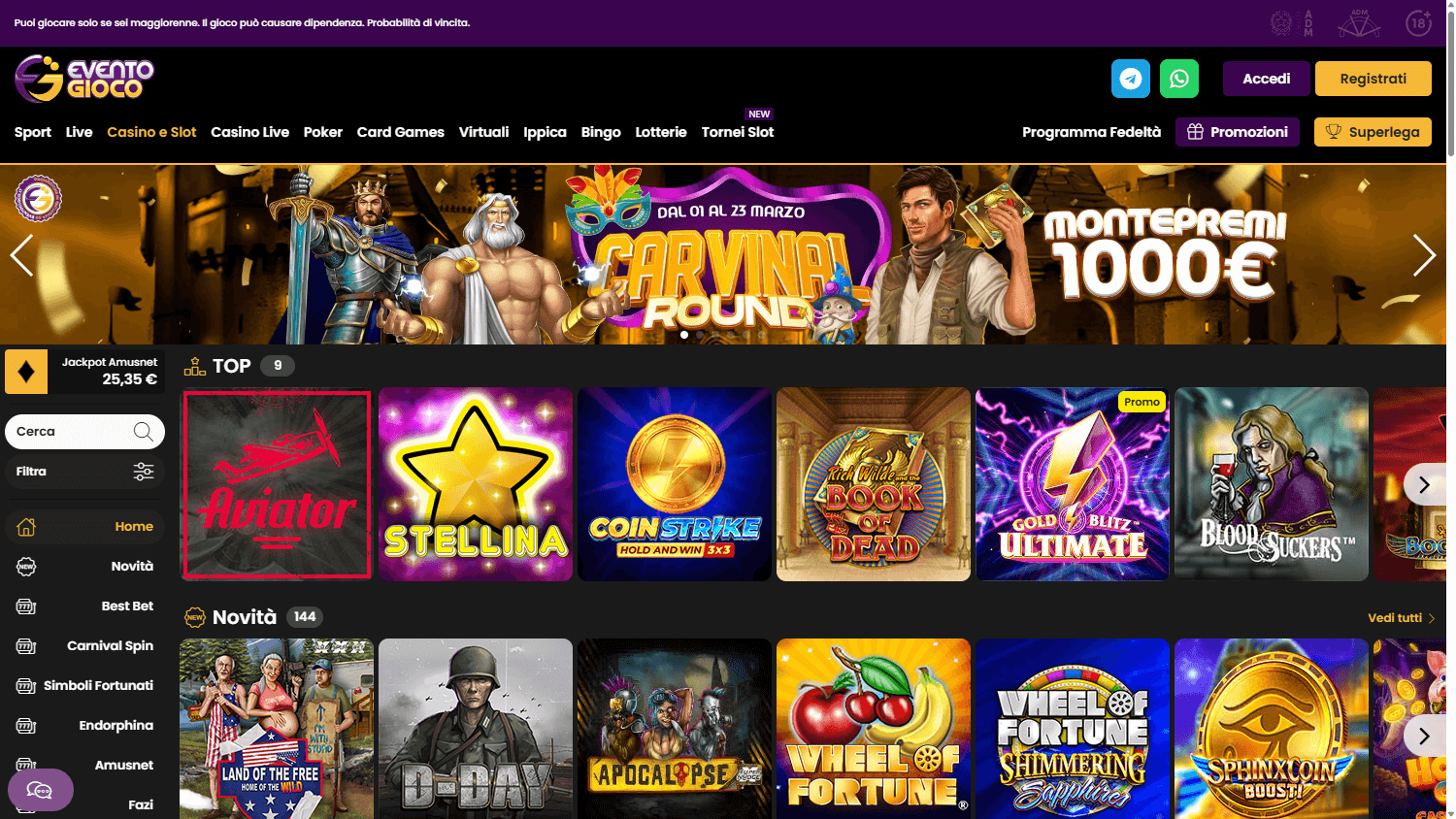 Interfaccia del portale Eventogioco scommesse che mostra le quote live per calcio e tennis