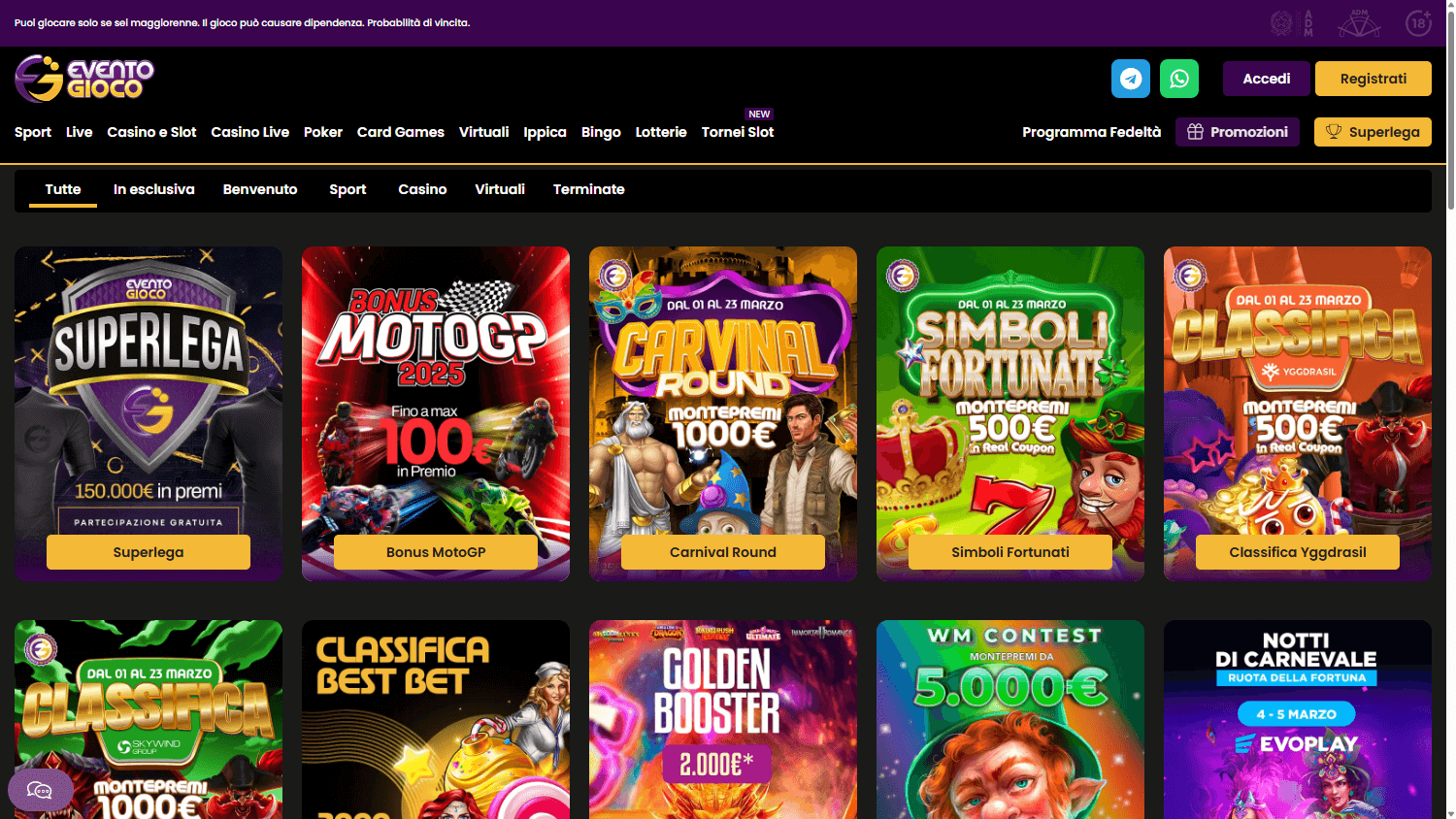 Interfaccia promozionale di Eventogioco Scommesse