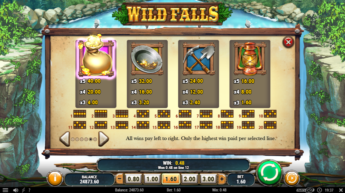 Wild Falls Paytable & Winlines