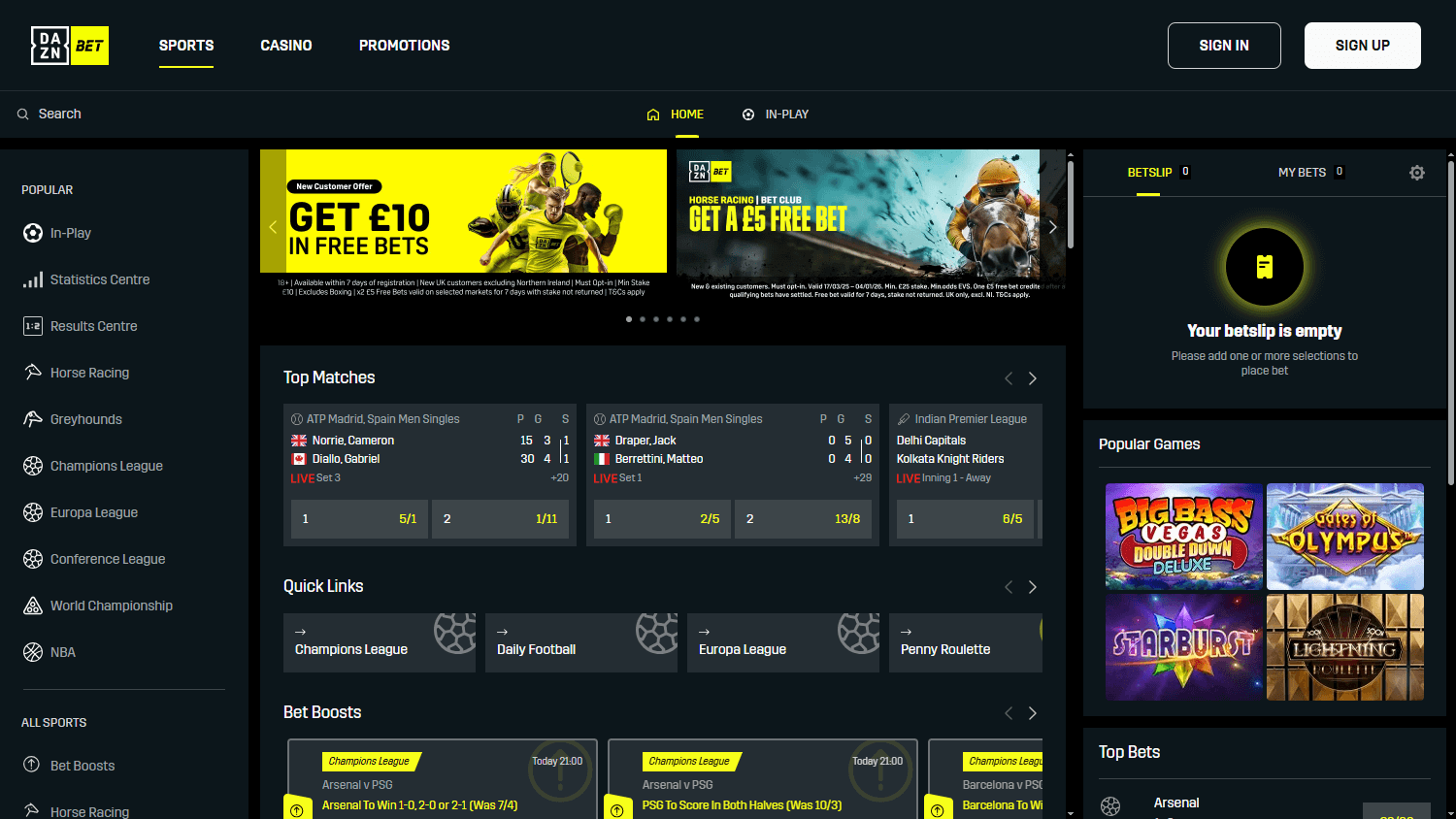 DAZN_Bet_Casino_homepage_desktop