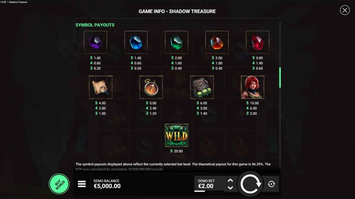 Shadow Treasure - Full Paytable