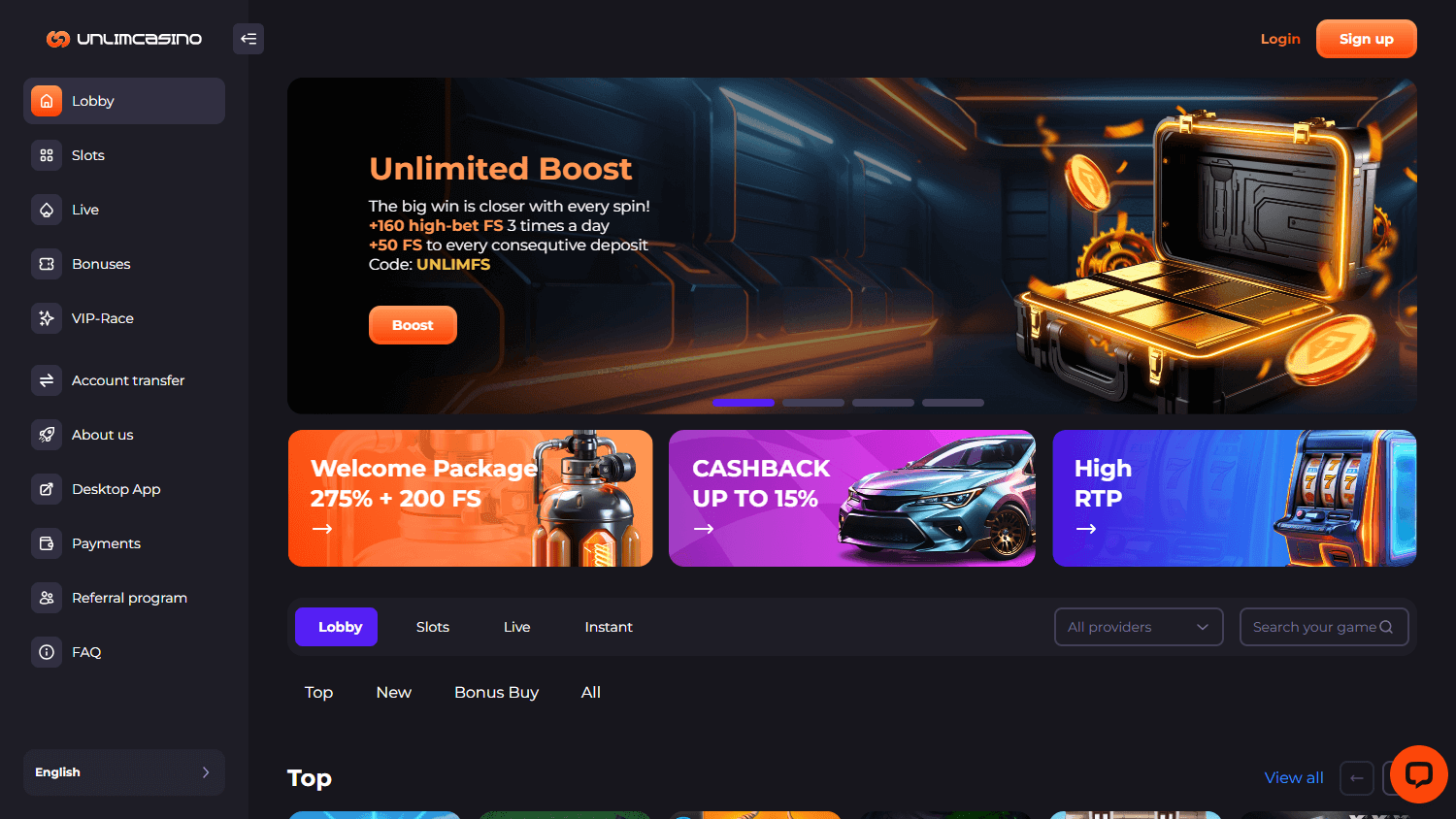 Unlim_Casino_homepage_desktop