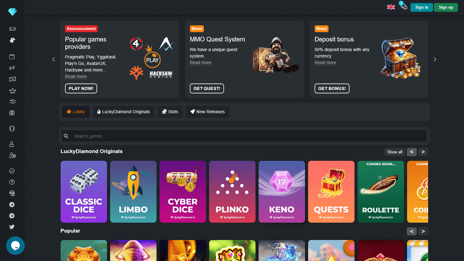 luckydiamond_casino_homepage_desktop