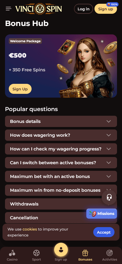 Vincispin casino bonus