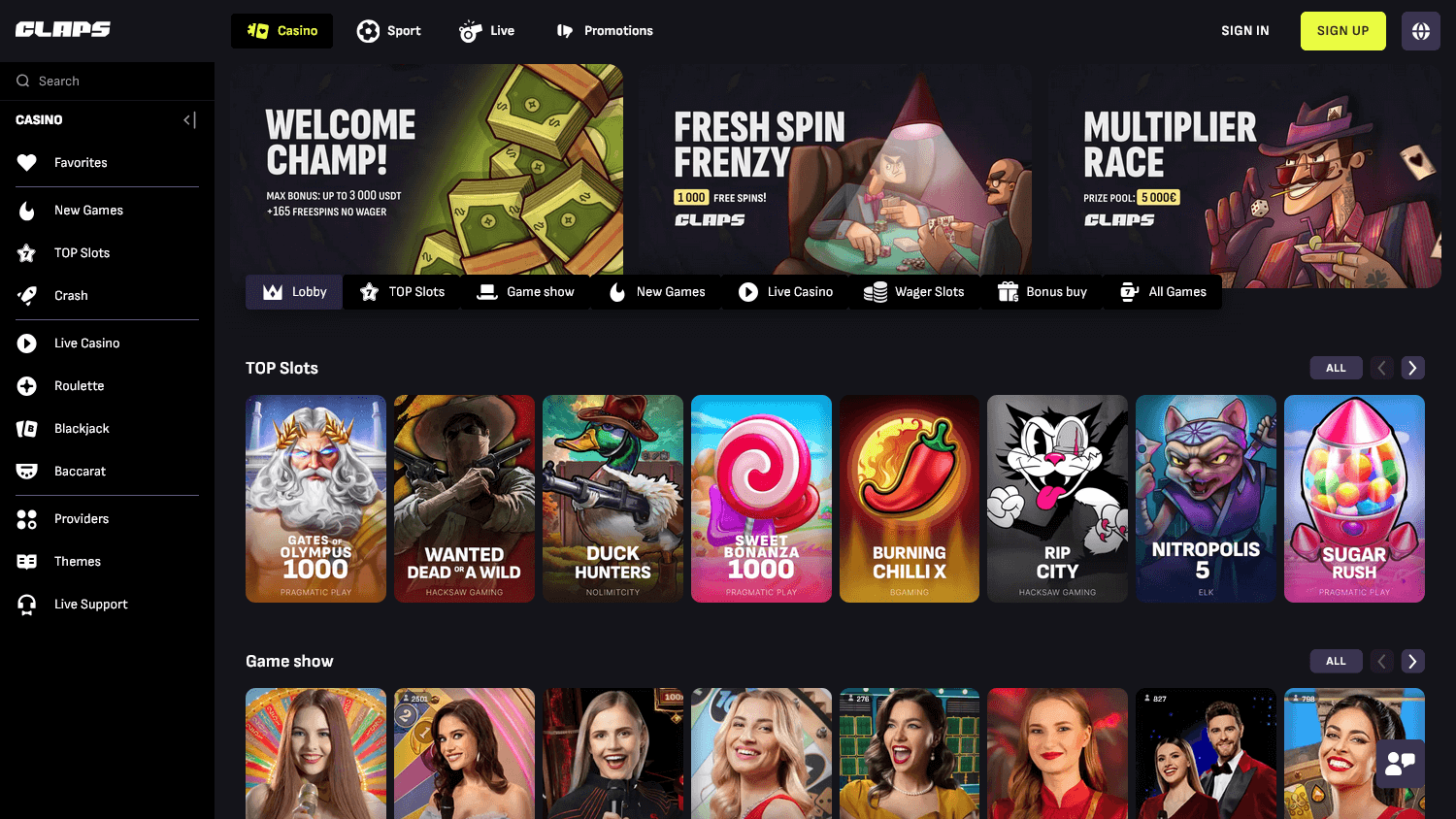 claps_casino_homepage_desktop