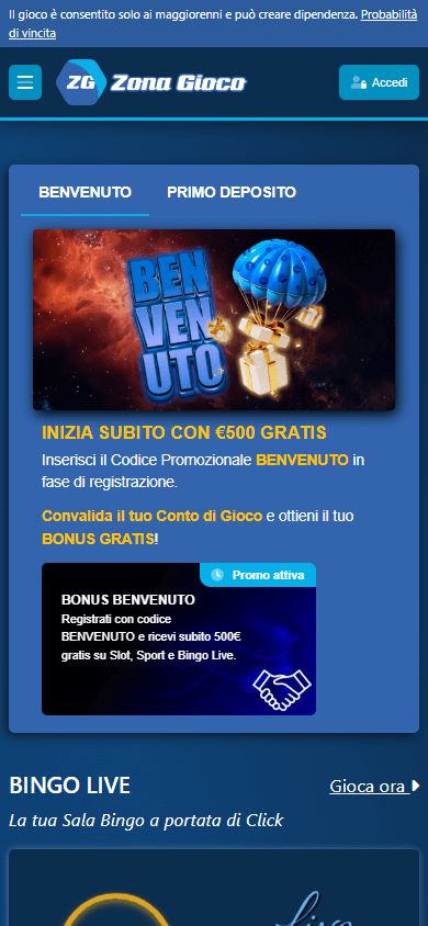 Interfaccia mobile di ZonaGioco Scommesse