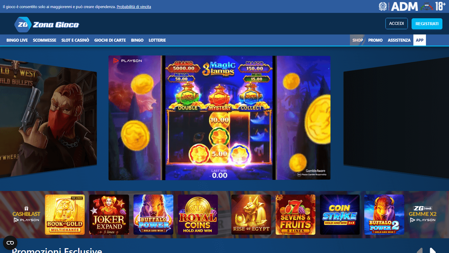 Interfaccia della galleria giochi Zonagioco su desktop, mostra slot e categorie