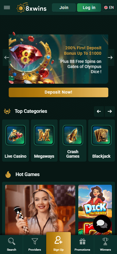 8xwins_Casino_homepage_mobile