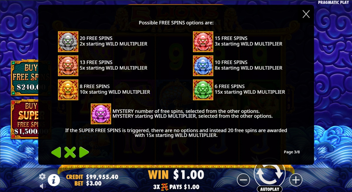 5 Lions Reborn - Free Spins Options