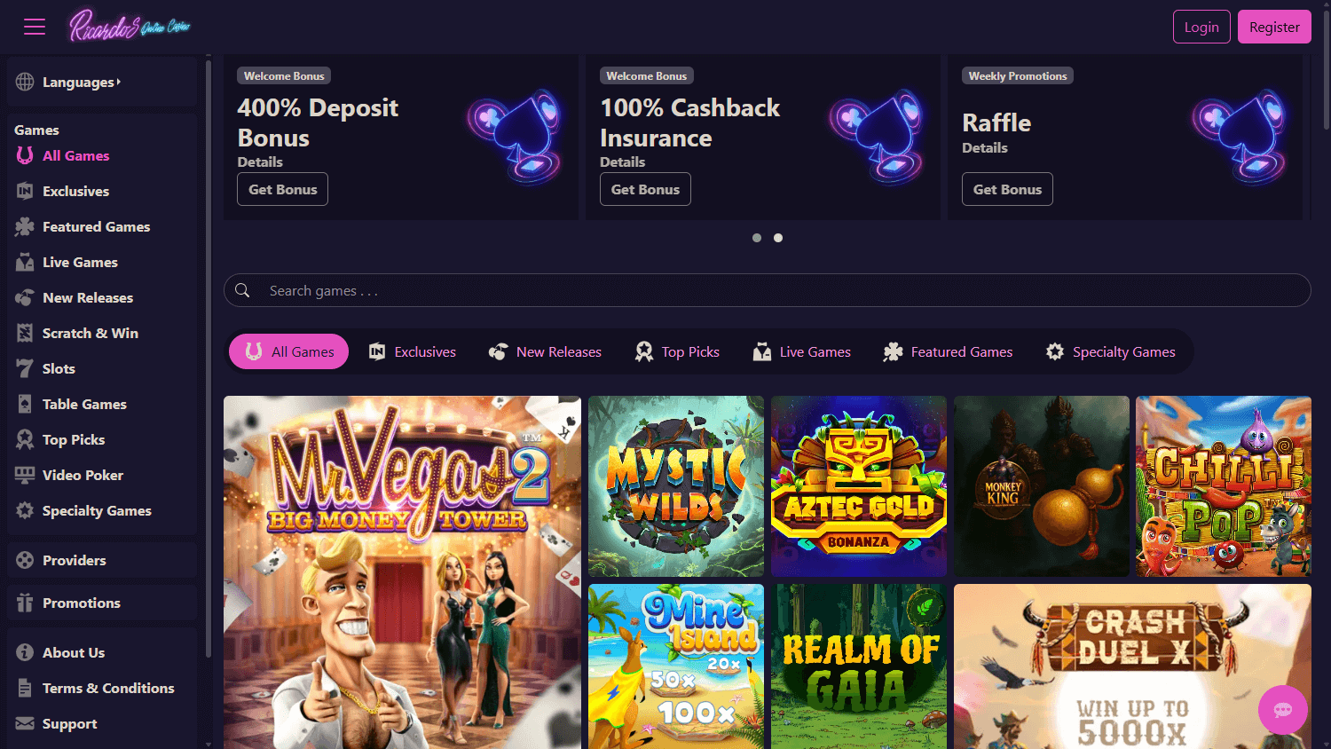 Ricardo's_Casino_homepage_desktop