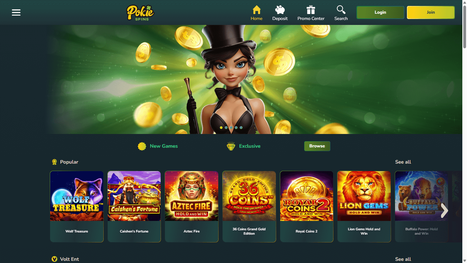 pokiespins_casino_homepage_desktop