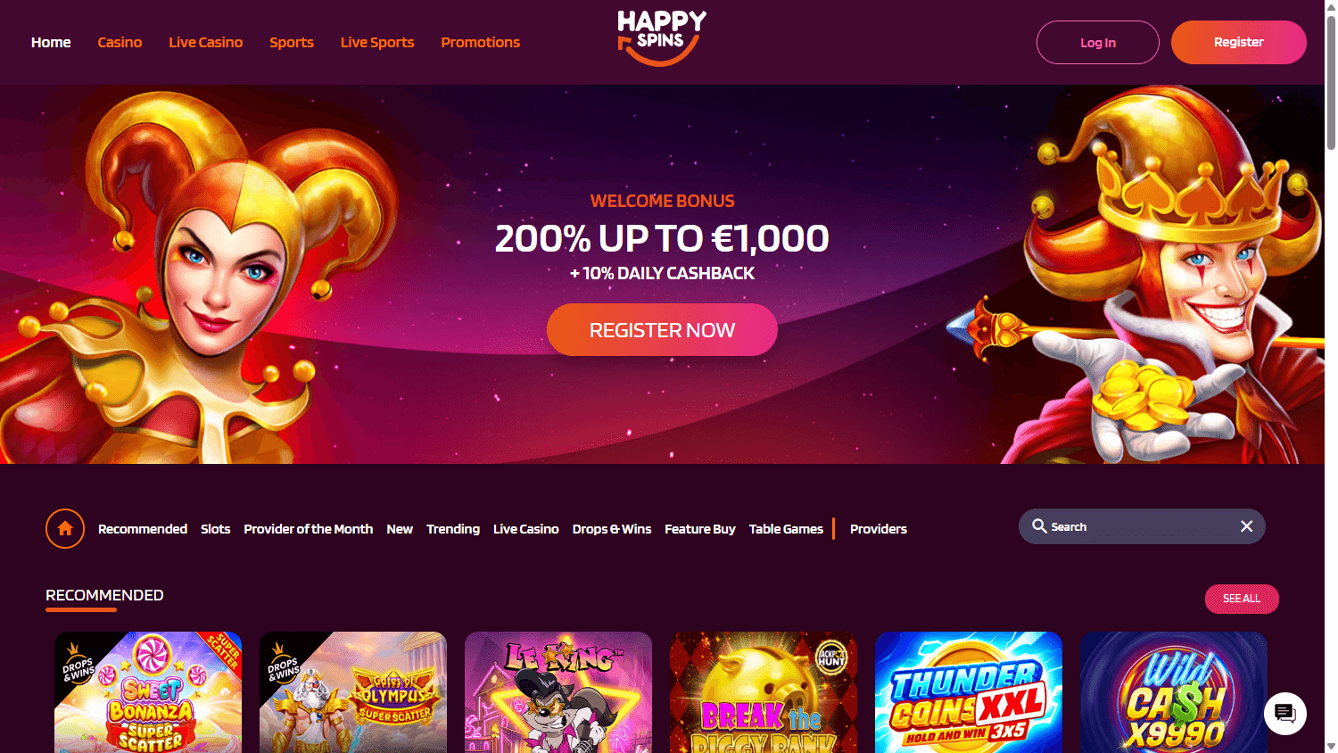 happyspins_casino_homepage_desktop