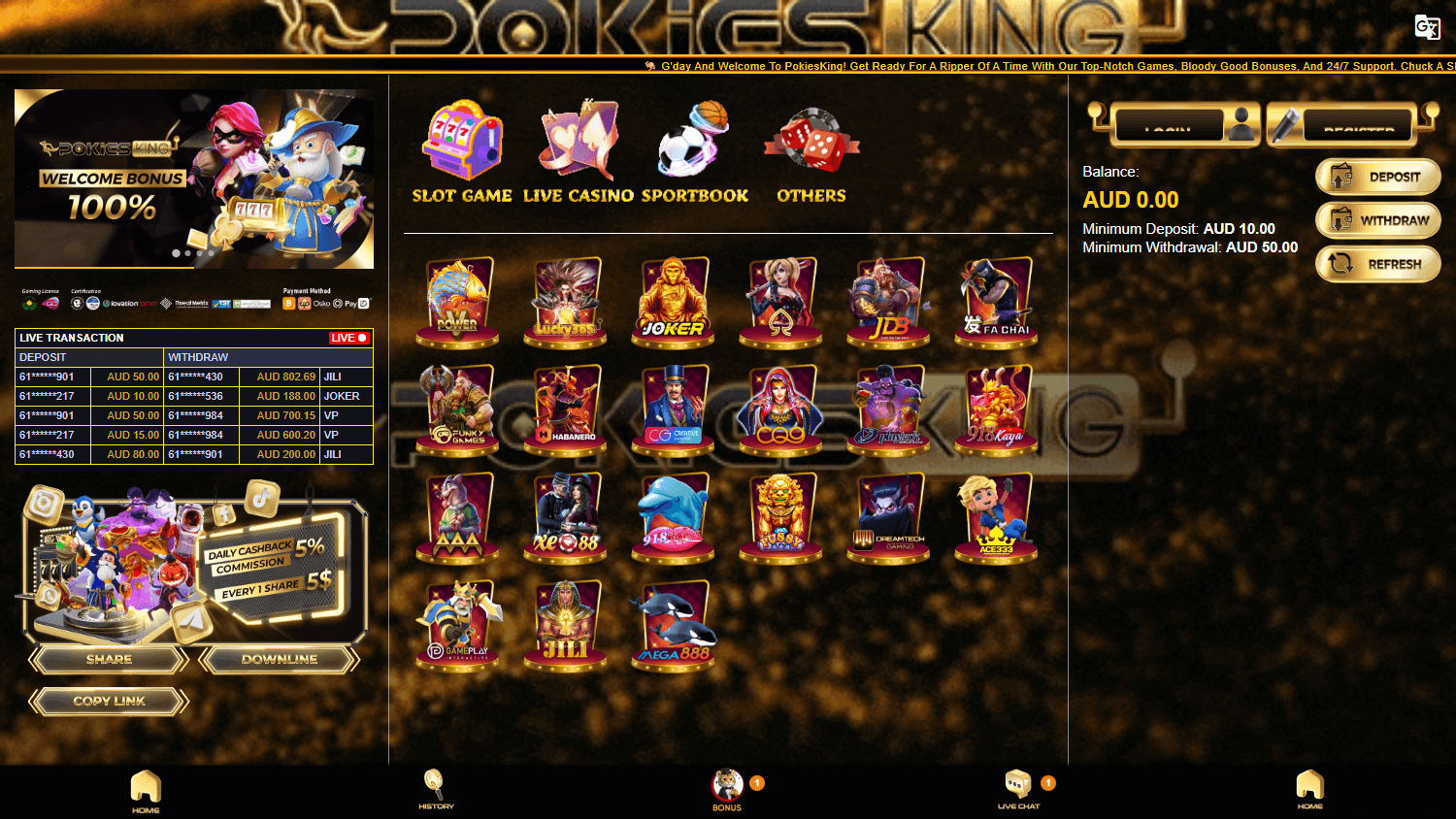 pokiesking_casino_homepage_desktop
