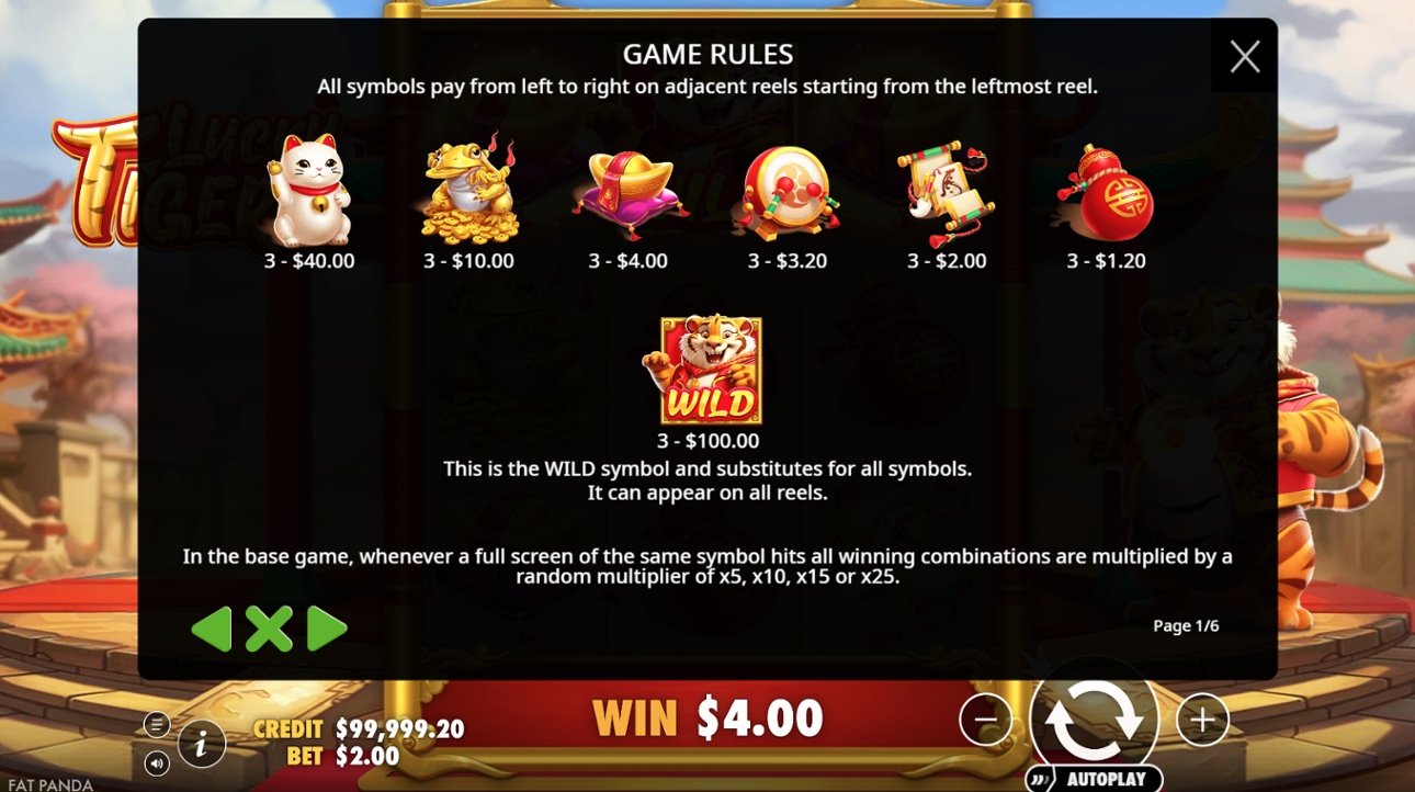 Lucky Tiger - Full Paytable