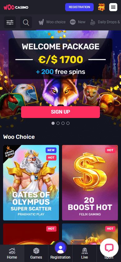 Woo Casino App Mobile Homepage