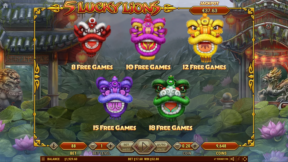 5 Lucky Lions free spins pick