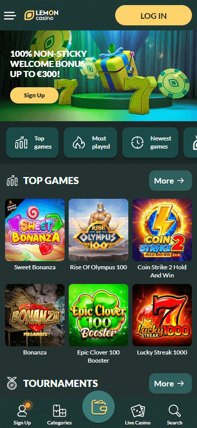 Ekran główny Lemon Casino na urządzeniu mobilnym