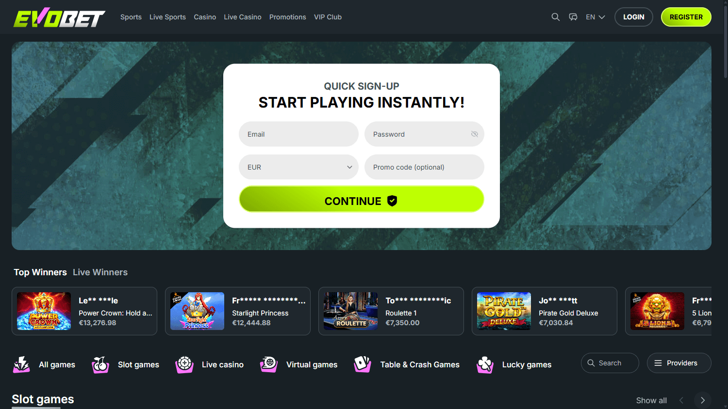 Evobet_Casino_homepage_desktop