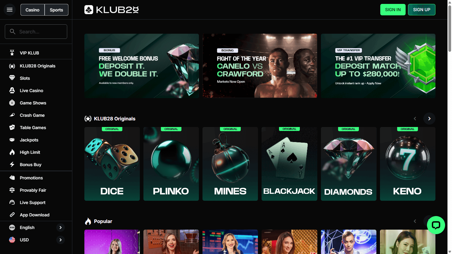 klub28_casino_homepage_desktop