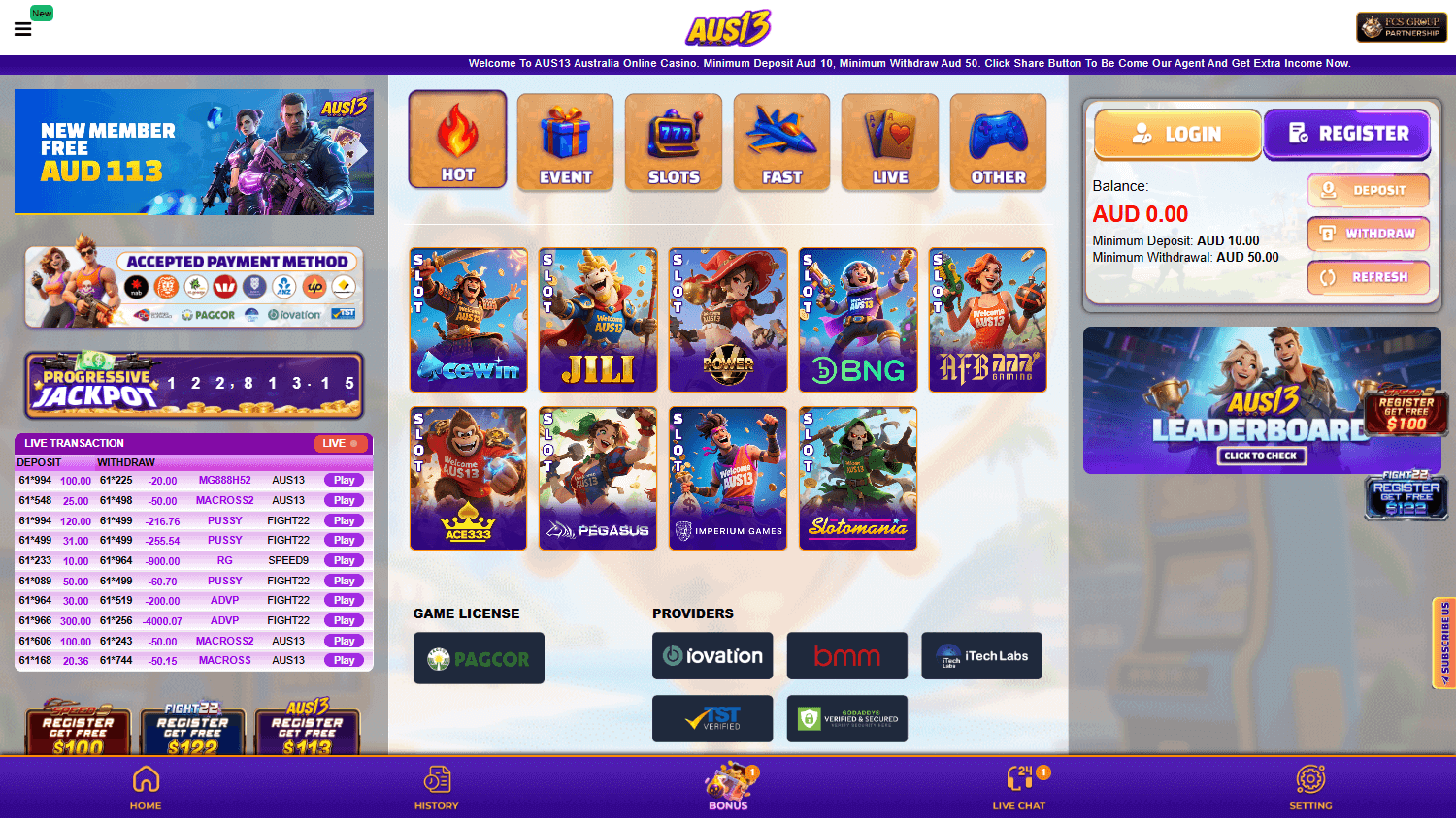 Aus13_Casino_homepage_desktop