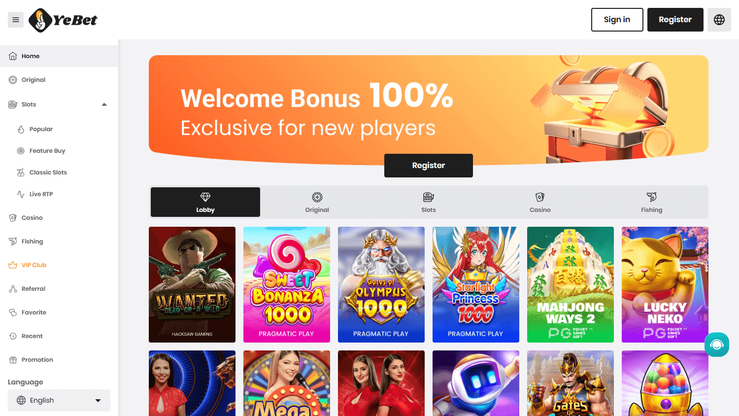 YeBet_Casino_homepage_desktop