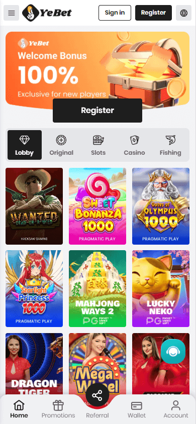 YeBet_Casino_homepage_mobile
