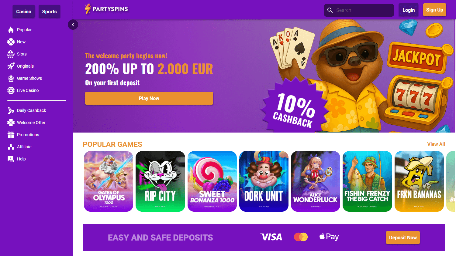 PartySpins_Casino_homepage_desktop