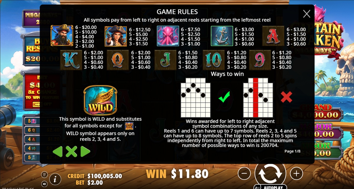 Captain Kraken Megaways - Paytable