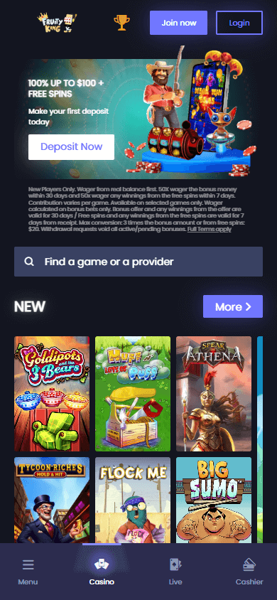 FruityKing_Casino_NZ_homepage_mobile