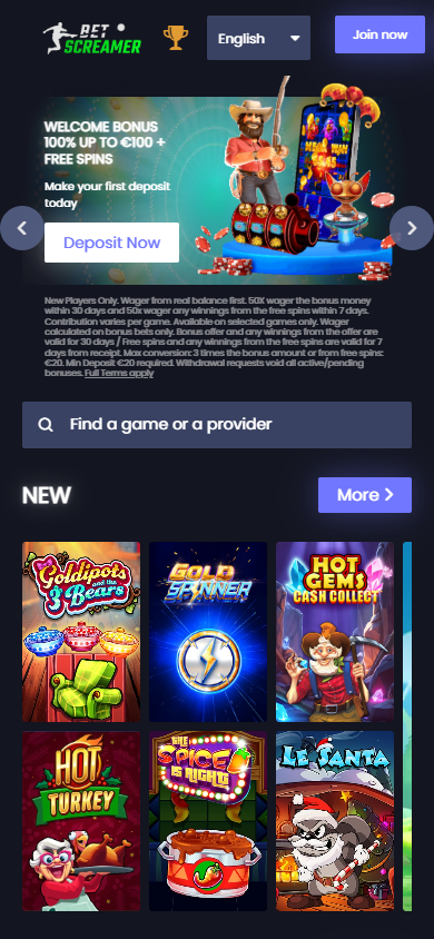 BetScreamer_Casino_homepage_mobile