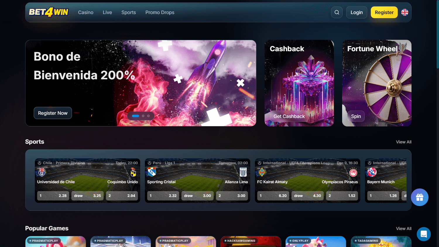 Bet4Win_Casino_homepage_desktop