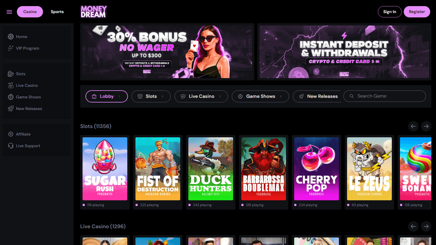 moneydream_casino_homepage_desktop