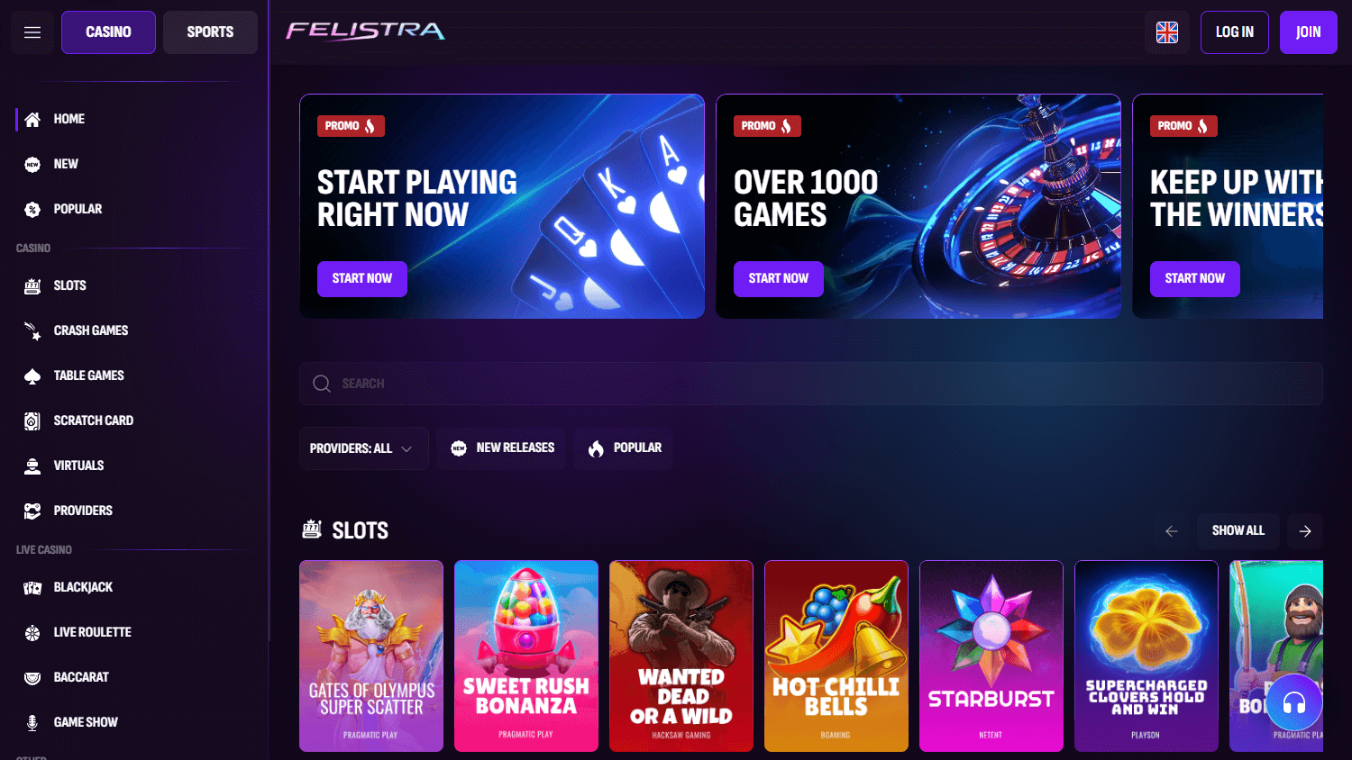 felistra_casino_homepage_desktop