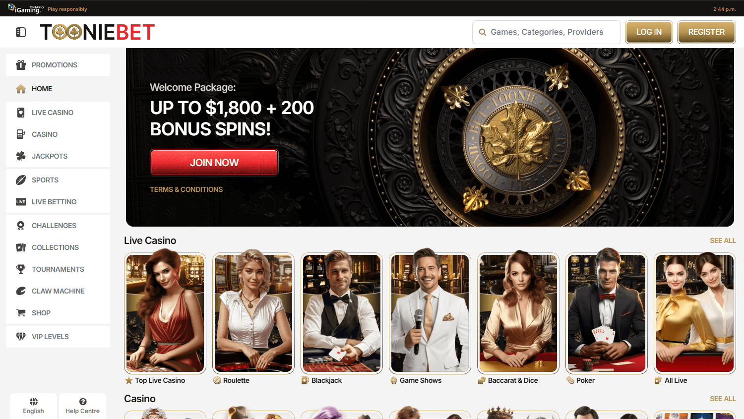 tooniebet_casino_on_homepage_desktop