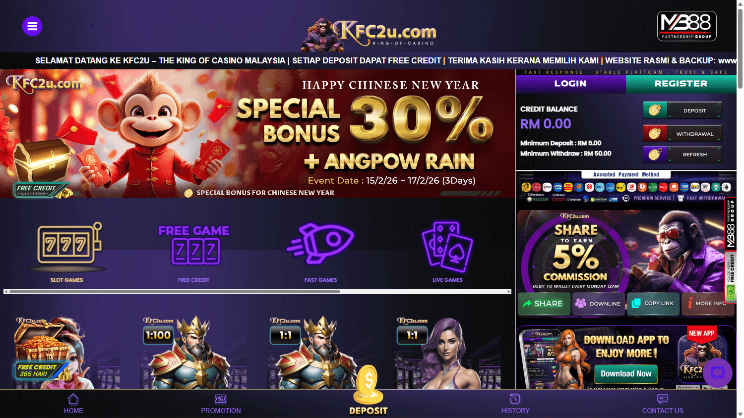KFC2u_Casino_homepage_desktop