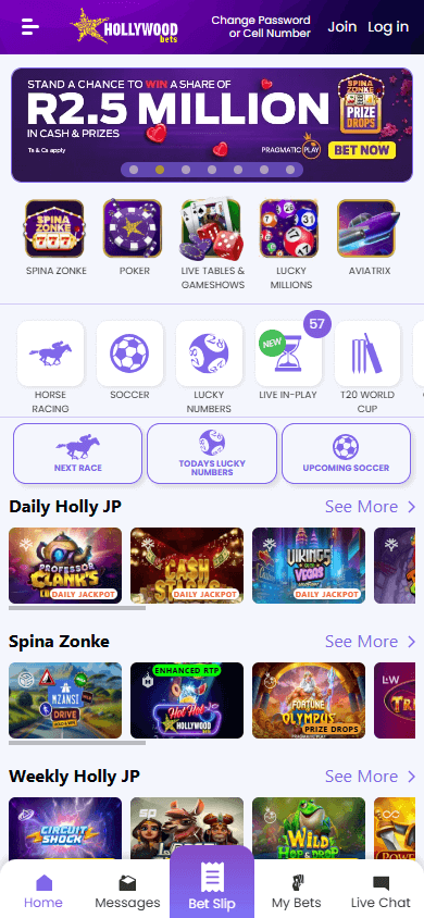 Hollywoodbets_Casino_ZA_homepage_mobile