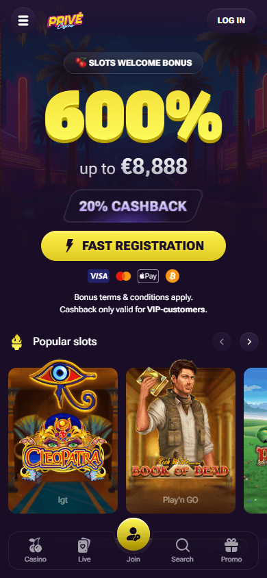 Prive_Casino_homepage_mobile