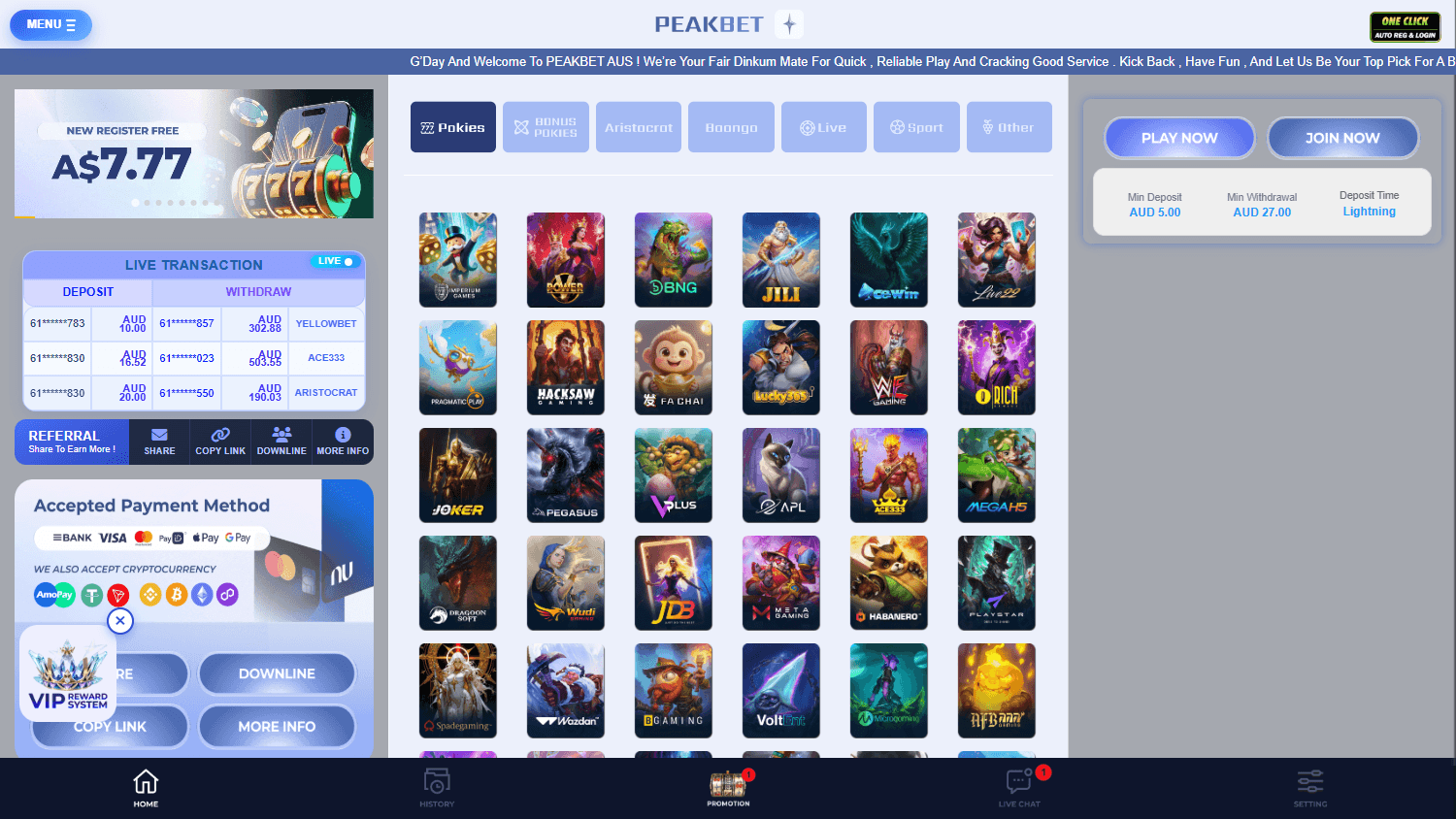 PEAKBET_Casino_homepage_desktop