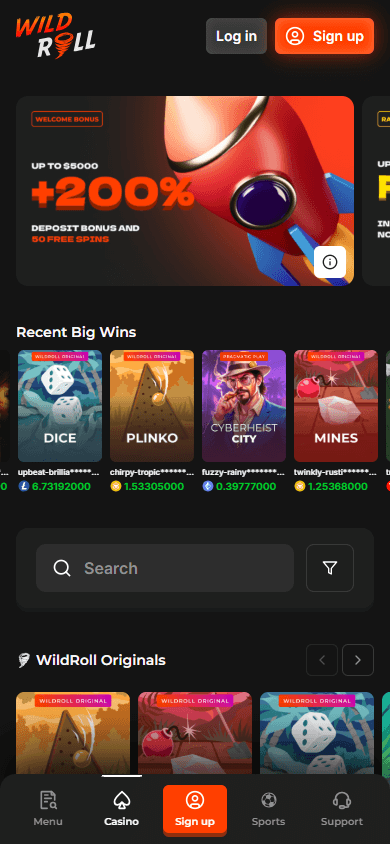 wildroll_casino_homepage_mobile