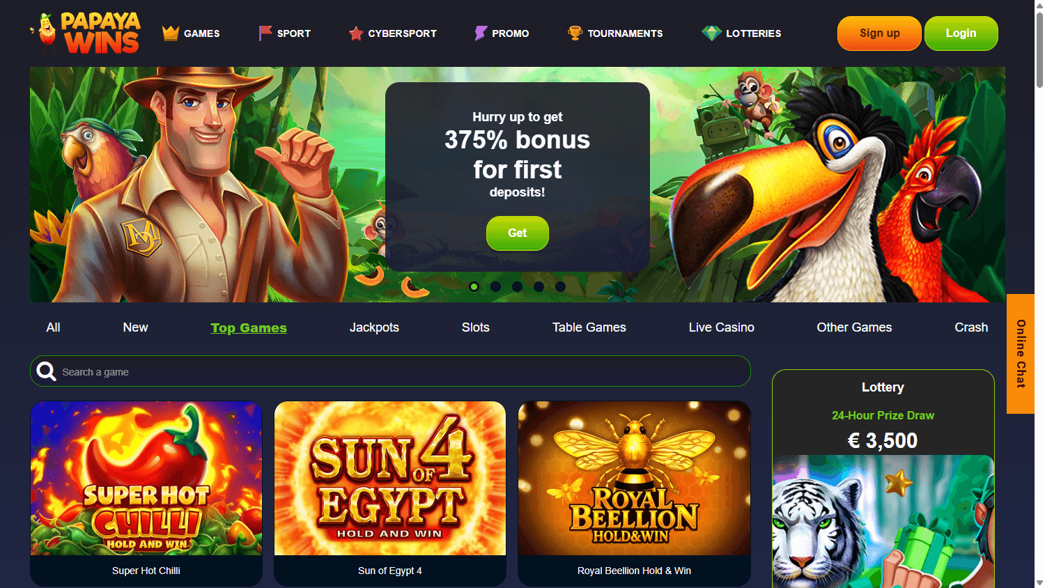 papaya_wins_casino_homepage_desktop