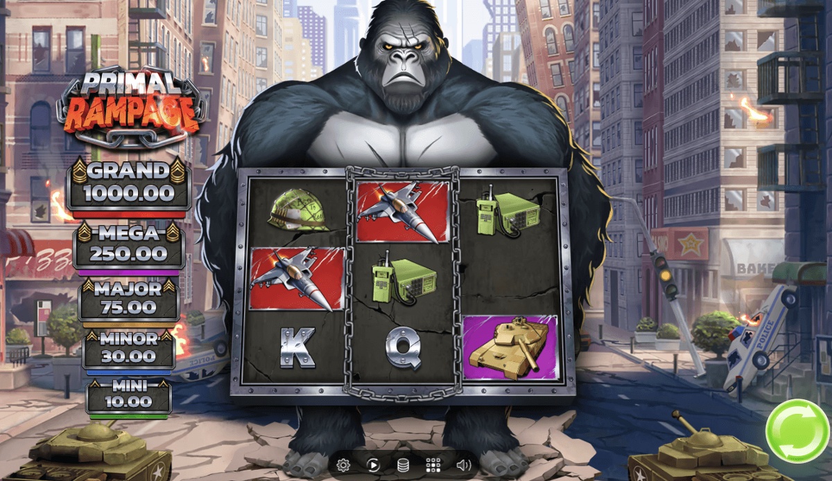 The regular paying symbols have a distinct military focus in Primal Rampage