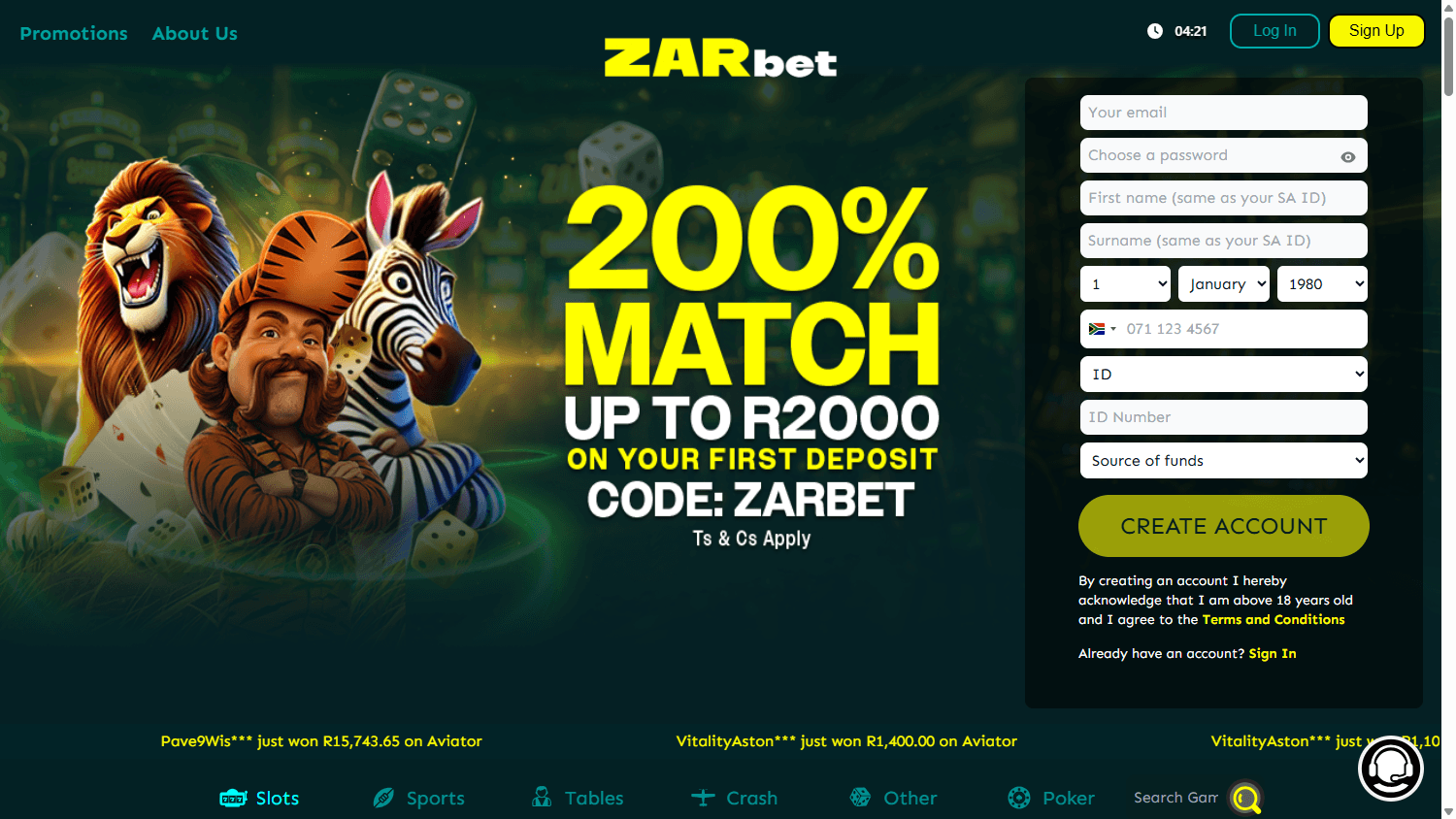 ZARbet_Casino_homepage_desktop