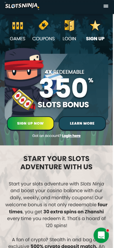 Slots_Ninja_Casino_homepage_mobile