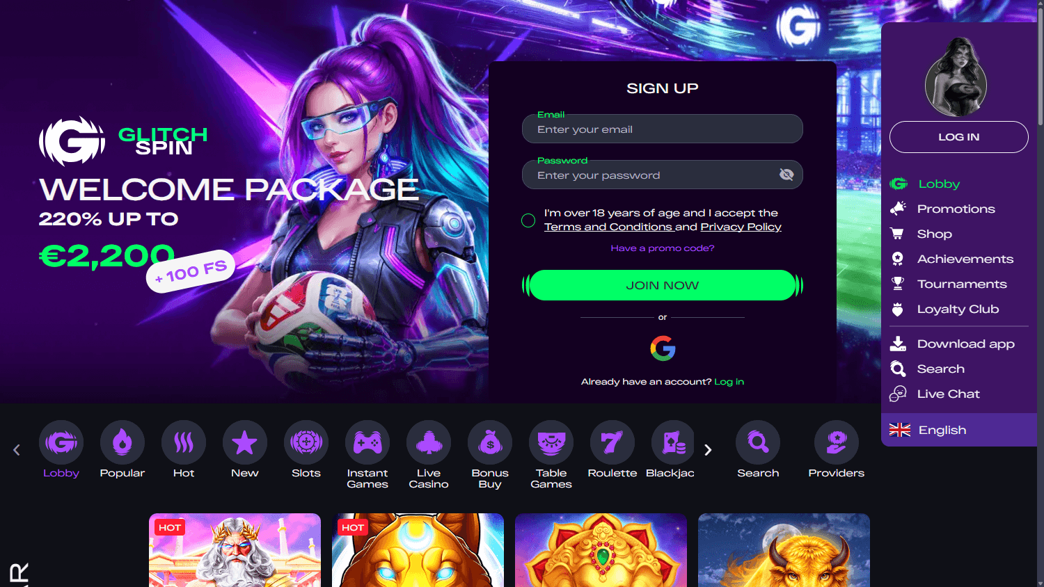 glitchspin_casino_homepage_desktop