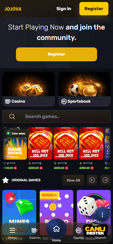 Jojova_Casino_homepage_mobile