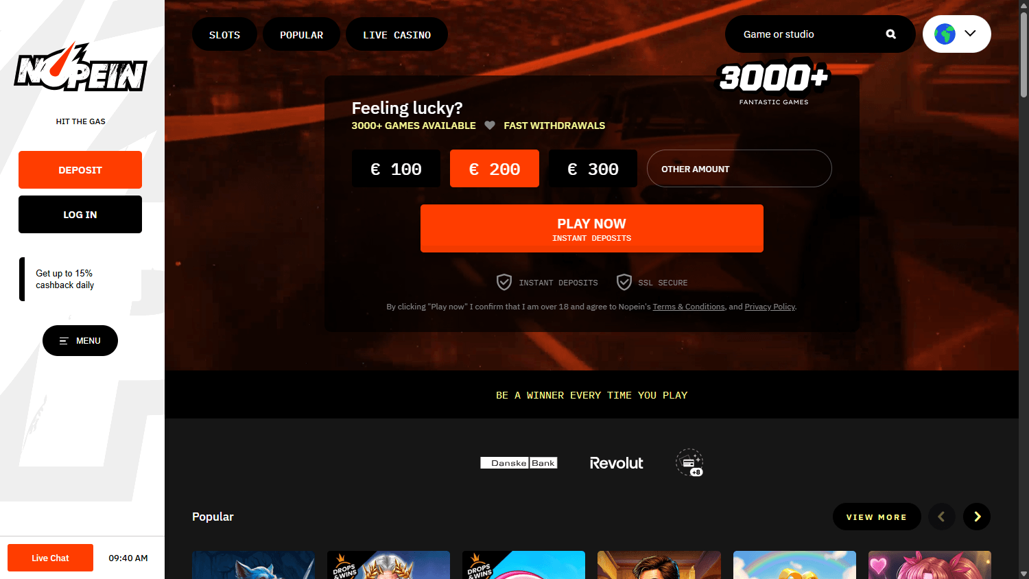 Nopein_Casino_homepage_desktop